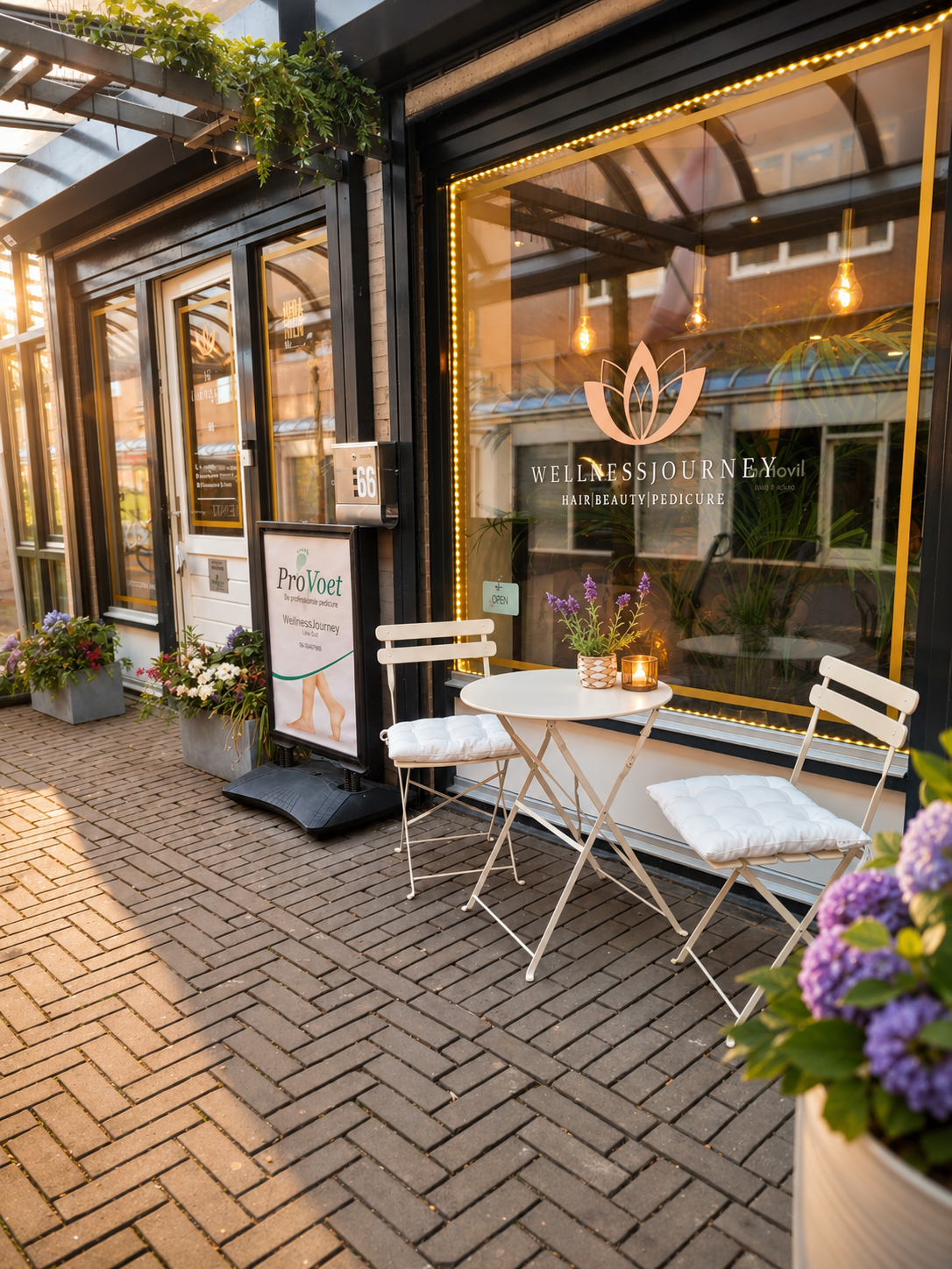 Het terrasje voor de salon in de avond, met een bistrotafel, kaarsje en lavendel